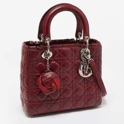 Pre Owned Dior Dark Red Cannage Leather Medium Flower Lady Dior Tote