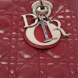 Pre Owned Dior Dark Red Cannage Leather Medium Flower Lady Dior Tote