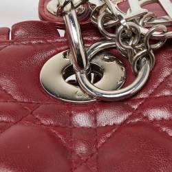 Pre Owned Dior Dark Red Cannage Leather Medium Flower Lady Dior Tote