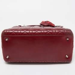 Pre Owned Dior Dark Red Cannage Leather Medium Flower Lady Dior Tote