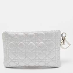 Pre Owned Dior Silver Cannage Coated Canvas Panarea Clutch