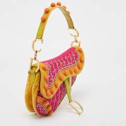 Dior Multicolor Velvet and Patent Leather Limited Edition 0096 Pom Pom Embellished Saddle Bag