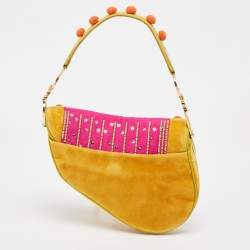 Dior Multicolor Velvet and Patent Leather Limited Edition 0096 Pom Pom Embellished Saddle Bag