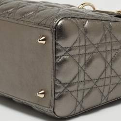 Pre Owned Dior Metallic Grey Cannage Leather Medium Lady Dior Tote