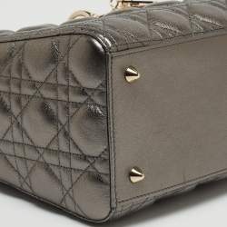 Pre Owned Dior Metallic Grey Cannage Leather Medium Lady Dior Tote