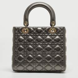 Pre Owned Dior Metallic Grey Cannage Leather Medium Lady Dior Tote