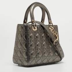Pre Owned Dior Metallic Grey Cannage Leather Medium Lady Dior Tote