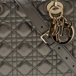Pre Owned Dior Metallic Grey Cannage Leather Medium Lady Dior Tote