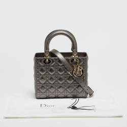 Pre Owned Dior Metallic Grey Cannage Leather Medium Lady Dior Tote