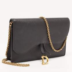 Pre Owned Dior Black Grained Leather Saddle Chain Pouch