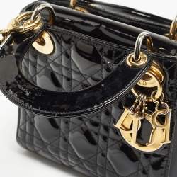 Pre Owned Dior Black Cannage Patent Leather Mini Lady Dior Tote