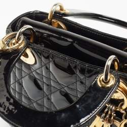 Pre Owned Dior Black Cannage Patent Leather Mini Lady Dior Tote