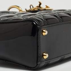 Pre Owned Dior Black Cannage Patent Leather Mini Lady Dior Tote