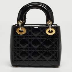 Pre Owned Dior Black Cannage Patent Leather Mini Lady Dior Tote