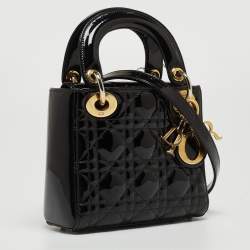 Pre Owned Dior Black Cannage Patent Leather Mini Lady Dior Tote