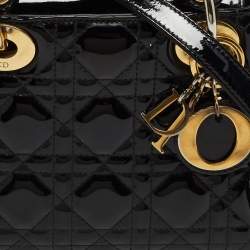 Pre Owned Dior Black Cannage Patent Leather Mini Lady Dior Tote