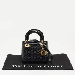 Pre Owned Dior Black Cannage Patent Leather Mini Lady Dior Tote
