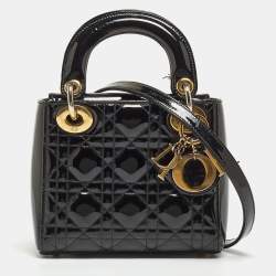 Pre Owned Dior Black Cannage Patent Leather Mini Lady Dior Tote