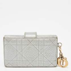 Pre Owned Dior Metallic Grey Cannage Leather 5 Gusset Card Holder