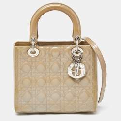 Pre Owned Dior Beige Cannage Patent Leather Medium Lady Dior Tote