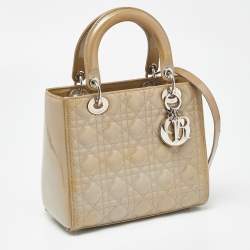 Pre Owned Dior Beige Cannage Patent Leather Medium Lady Dior Tote