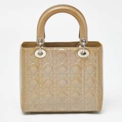 Pre Owned Dior Beige Cannage Patent Leather Medium Lady Dior Tote