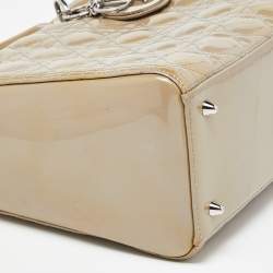 Pre Owned Dior Beige Cannage Patent Leather Medium Lady Dior Tote