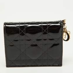 Pre Owned Dior Black Cannage Patent Leather Lady Dior Flap Wallet