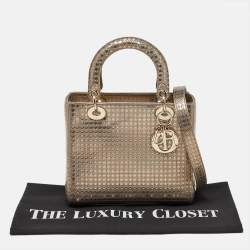 Pre Owned Dior Gold Micro Cannage Patent Leather Medium Lady Dior Tote