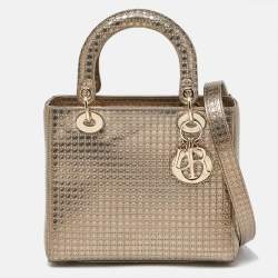 Pre Owned Dior Gold Micro Cannage Patent Leather Medium Lady Dior Tote