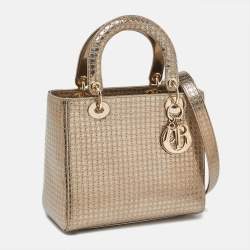 Pre Owned Dior Gold Micro Cannage Patent Leather Medium Lady Dior Tote