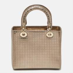 Pre Owned Dior Gold Micro Cannage Patent Leather Medium Lady Dior Tote