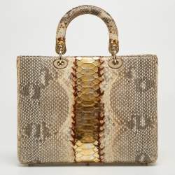 Pre Owned Dior Gold/Beige Python Large Lady Dior Tote