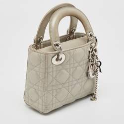 Pre Owned Dior Grey Shimmering Leather Mini Chain Lady Dior Tote
