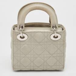 Pre Owned Dior Grey Shimmering Leather Mini Chain Lady Dior Tote