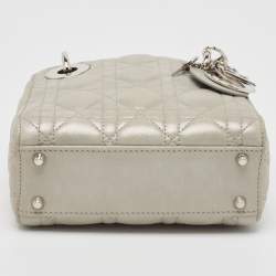 Pre Owned Dior Grey Shimmering Leather Mini Chain Lady Dior Tote