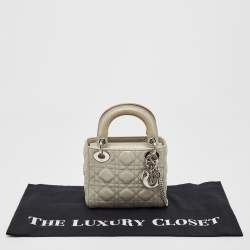 Pre Owned Dior Grey Shimmering Leather Mini Chain Lady Dior Tote