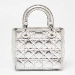 Pre Owned Dior Silver Cannage Leather Small Lady Dior My ABCDior Tote