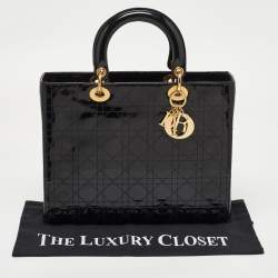 Pre Owned Dior Black Cannage Patent Leather Large Lady Dior Tote