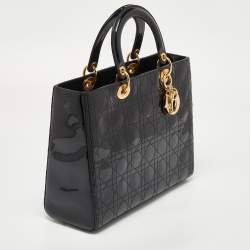 Pre Owned Dior Black Cannage Patent Leather Large Lady Dior Tote