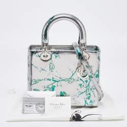 Dior Metallic Silver/Green Printed Leather Medium Lady Dior Tote