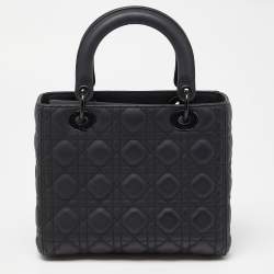Pre Owned Dior Black Ultra Matte Cannage Leather Medium Lady Dior Tote