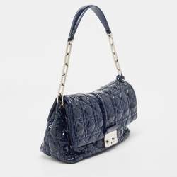 Pre Owned Dior Dark Blue Cannage Quilted Patent Leather New Lock Flap Bag