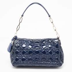 Pre Owned Dior Dark Blue Cannage Quilted Patent Leather New Lock Flap Bag