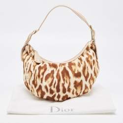 Dior Beige/Brown Leopard Printed Fabric and Leather Buckle Handle Hobo 