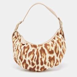 Pre Owned Dior Beige/Brown Leopard Printed Fabric and Leather Buckle Handle Hobo 