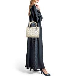 Pre Owned Dior Beige Cannage Patent Leather Medium Lady Dior Tote