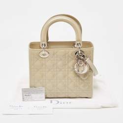 Pre Owned Dior Beige Cannage Patent Leather Medium Lady Dior Tote