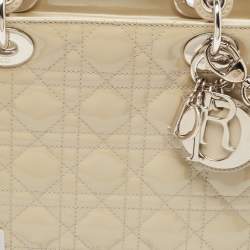 Pre Owned Dior Beige Cannage Patent Leather Medium Lady Dior Tote