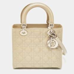 Pre Owned Dior Beige Cannage Patent Leather Medium Lady Dior Tote